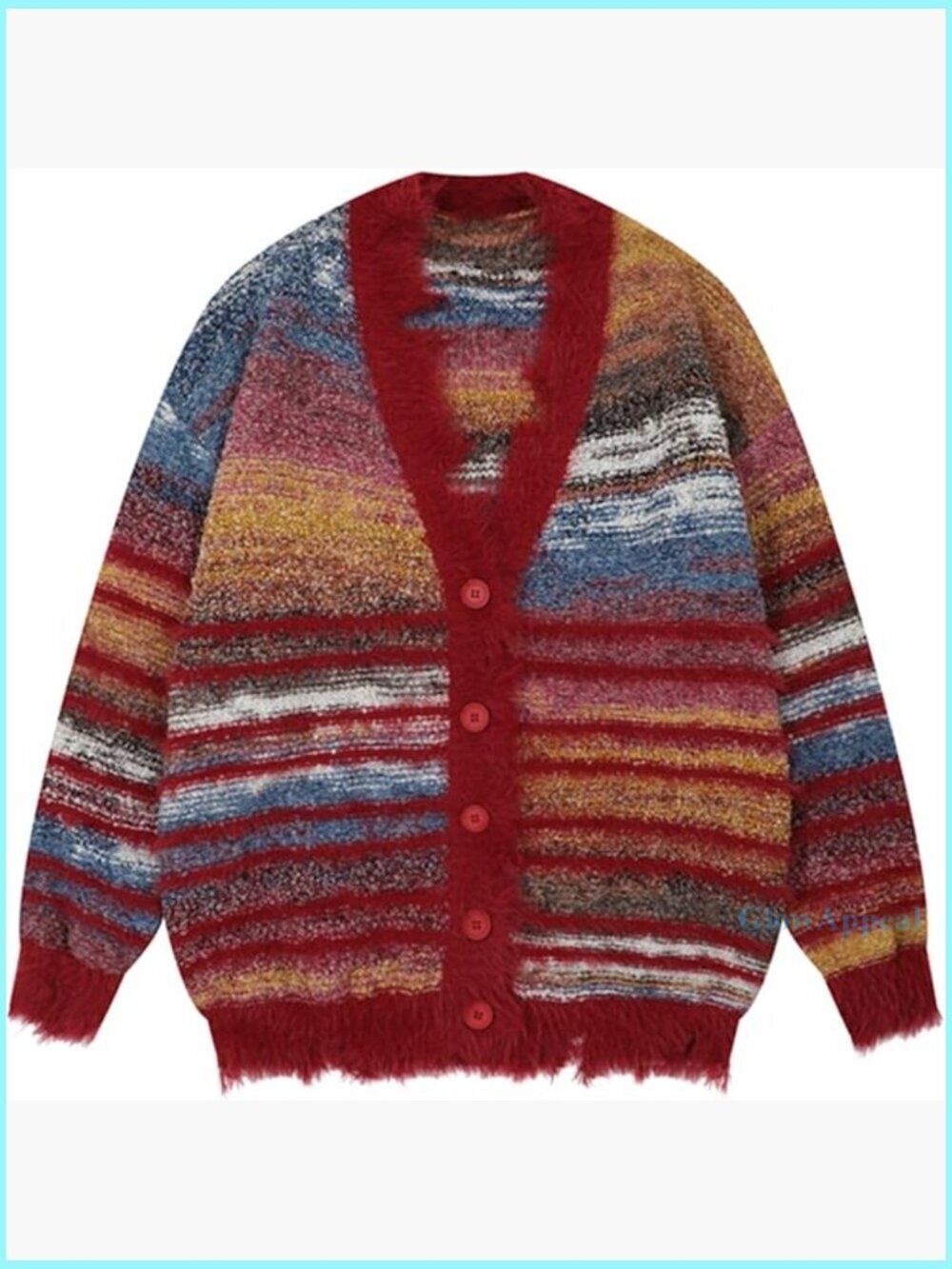 Oversized V-Neck Cardigan, Knit Sweater with Distressed Fringe, Y2K Streetwear